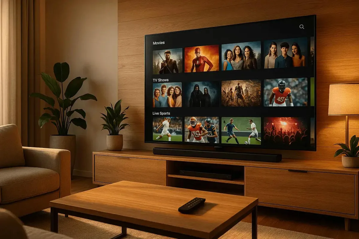 Melhor app IPTV para Smart TV Portugal 2025 - sala de estar com TV 4K